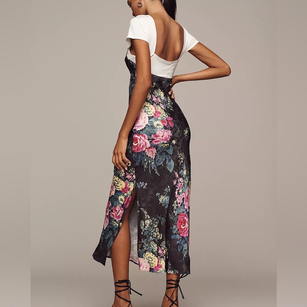BY ANTHROPOLOGIE TWOFER MIDI SLIP DRESS Brocade Floral Victorian Shimmer Layered